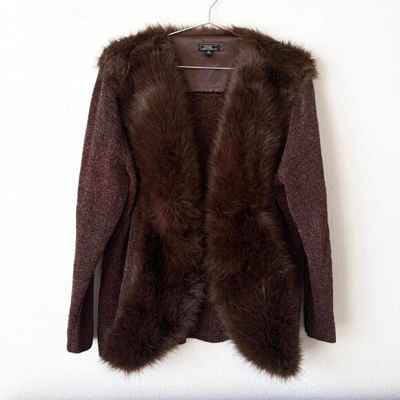Lisa International Vintage Brown Faux Fur Cardigan Sweater XL - Picture 1 of 3